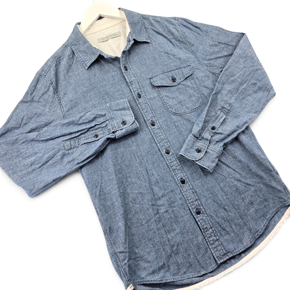 Outerknown Mens Medium Blue Chambray Cotton Long Sleeve Button Up Shirt Pocket